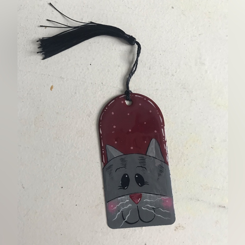 Hand-Painted Cat Bookmark - Burgundy and Gray